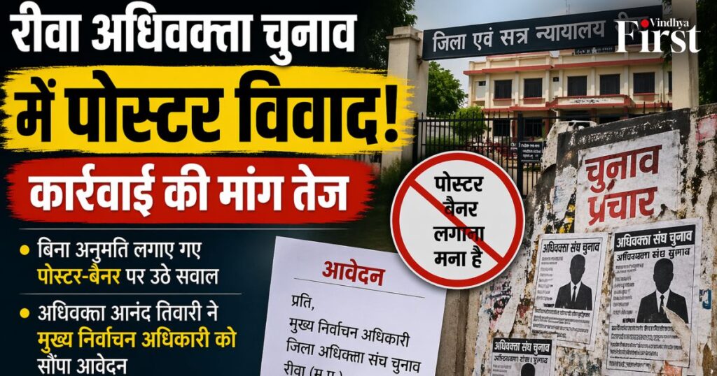 रीवा जिला अधिवक्ता संघ चुनाव में पोस्टर-बैनर विवाद ने तूल पकड़ लिया है। अधिवक्ता आनंद तिवारी ने मुख्य निर्वाचन अधिकारी को आवेदन सौंपकर बिना अनुमति लगाए गए पोस्टर हटाने और संबंधित प्रत्याशियों पर कानूनी कार्रवाई की मांग की है