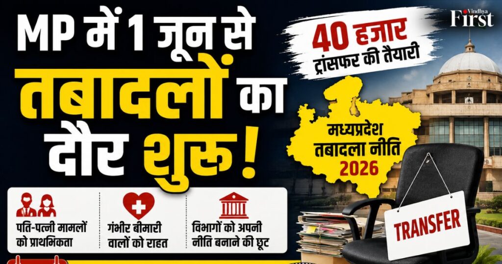 मध्यप्रदेश में 1 जून से तबादलों का बड़ा दौर शुरू होने जा रहा है! सरकार की नई तबादला नीति के तहत 40 हजार तक ट्रांसफर की तैयारी