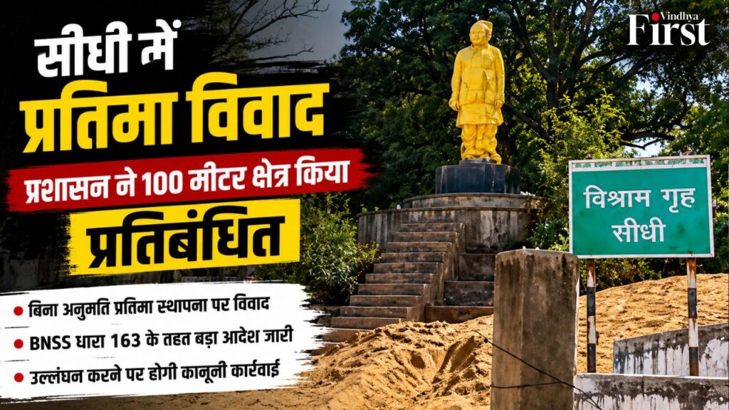 सीधी में इन्द्रजीत पटेल की प्रतिमा स्थापना को लेकर विवाद गहराया. प्रशासन ने BNSS धारा 163 के तहत प्रतिमा स्थल के आसपास 100 मीटर क्षेत्र को प्रतिबंधित घोषित किया. मामले पर जिले भर की नजरें टिकी हैं.