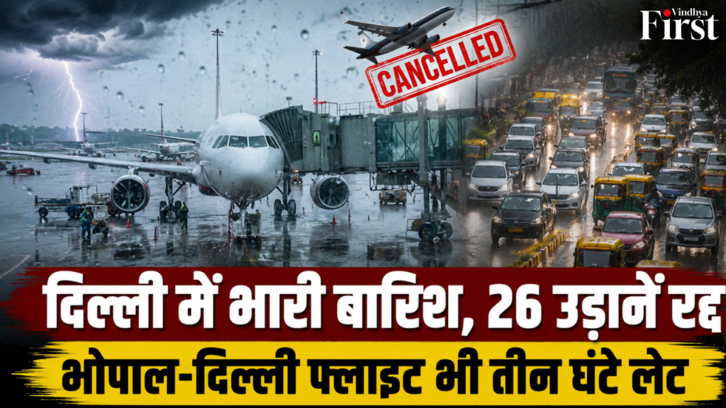 दिल्ली में भारी बारिश ने थामी रफ्तार! 26 उड़ानें रद्द, भोपाल-दिल्ली फ्लाइट भी 3 घंटे लेट. मौसम के बिगड़े मिजाज से यात्रियों और सड़कों पर बढ़ी परेशानी